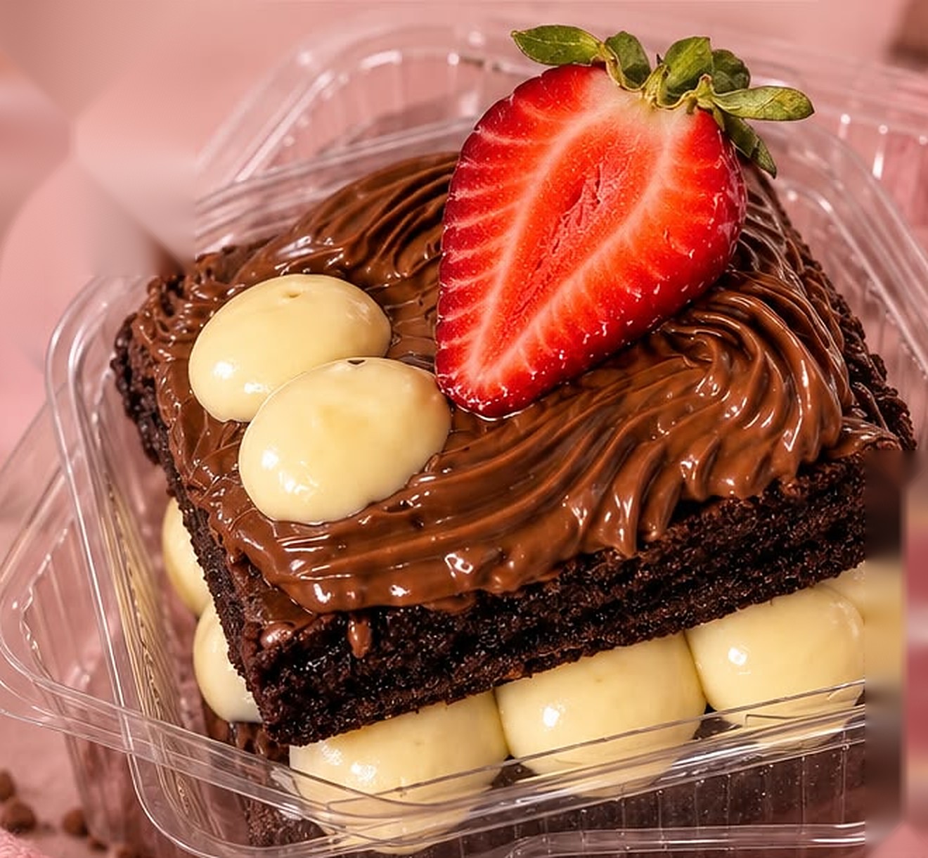 Brownie recheado com cobertura de chocolate, creme branco e morango